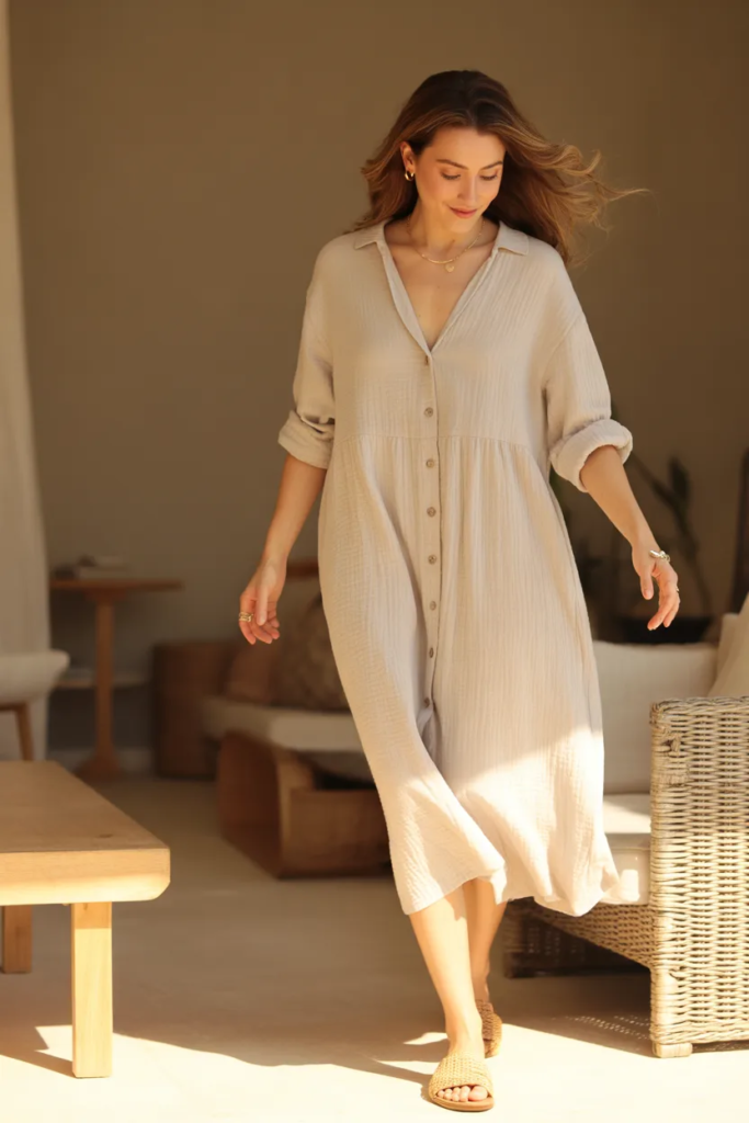 Linen Button-Down Dress - Soft Life Fashion Aesthetic