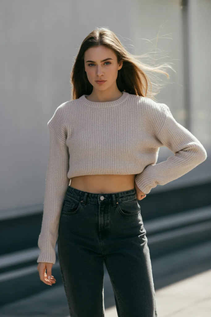 Cropped Knit Top with High-Waisted Jeans