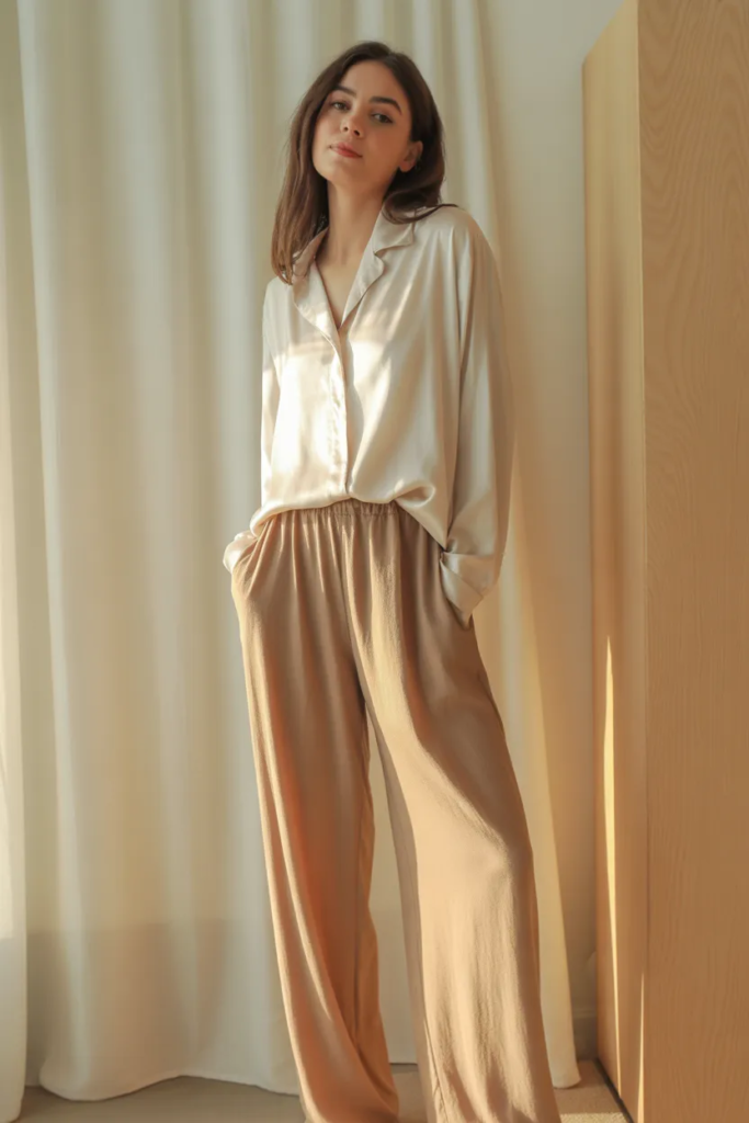 Silk Blouse with Relaxed Trousers