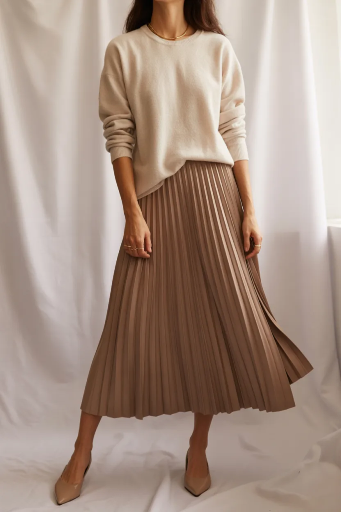 Pleated Midi Skirt with Cashmere Sweater