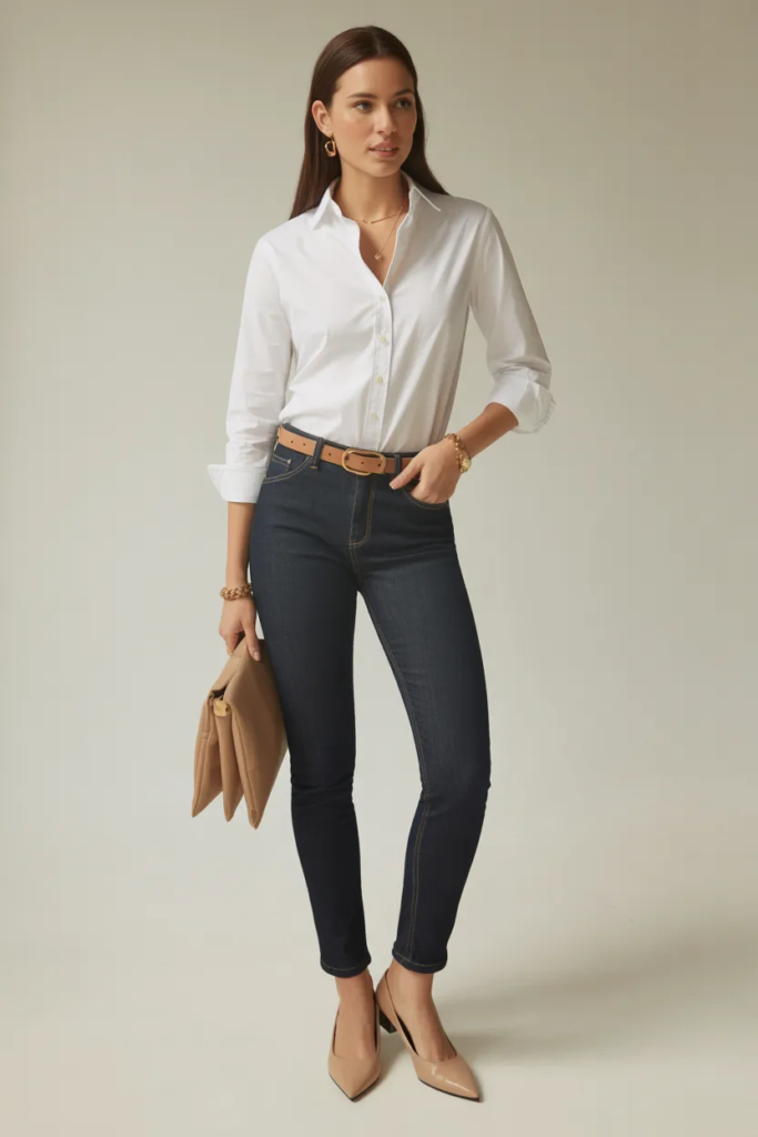 White Button-Down Shirt with Slim Jeans - Timeless Wardrobe Outfit Ideas