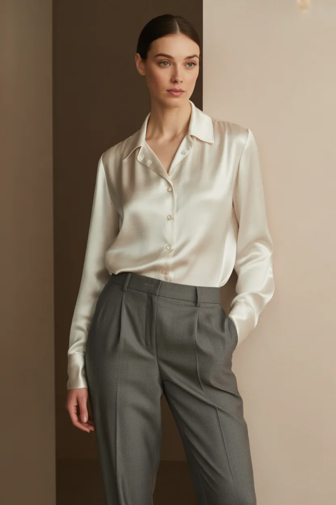 Silk Blouse with Tailored Trousers