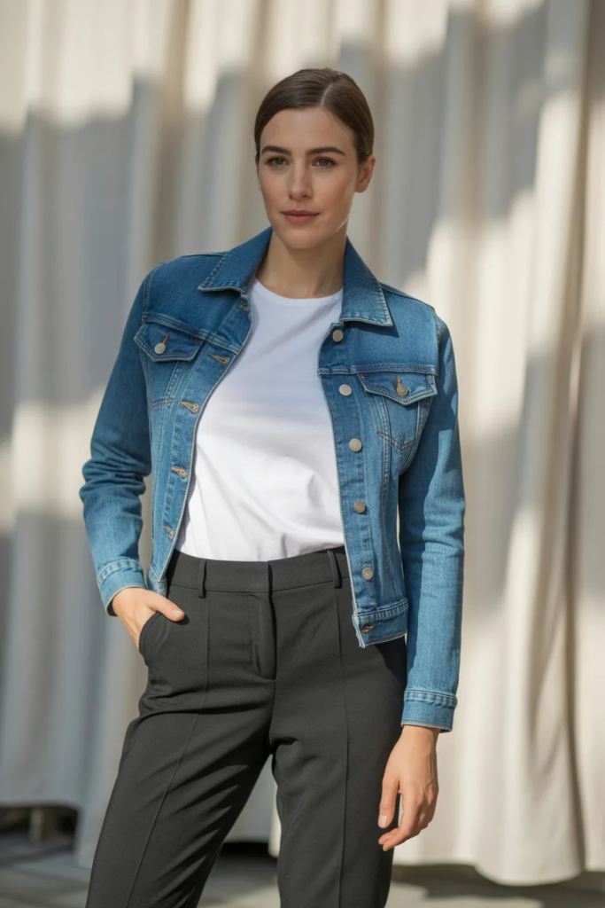 Denim Jacket with White Tee and Black Pants