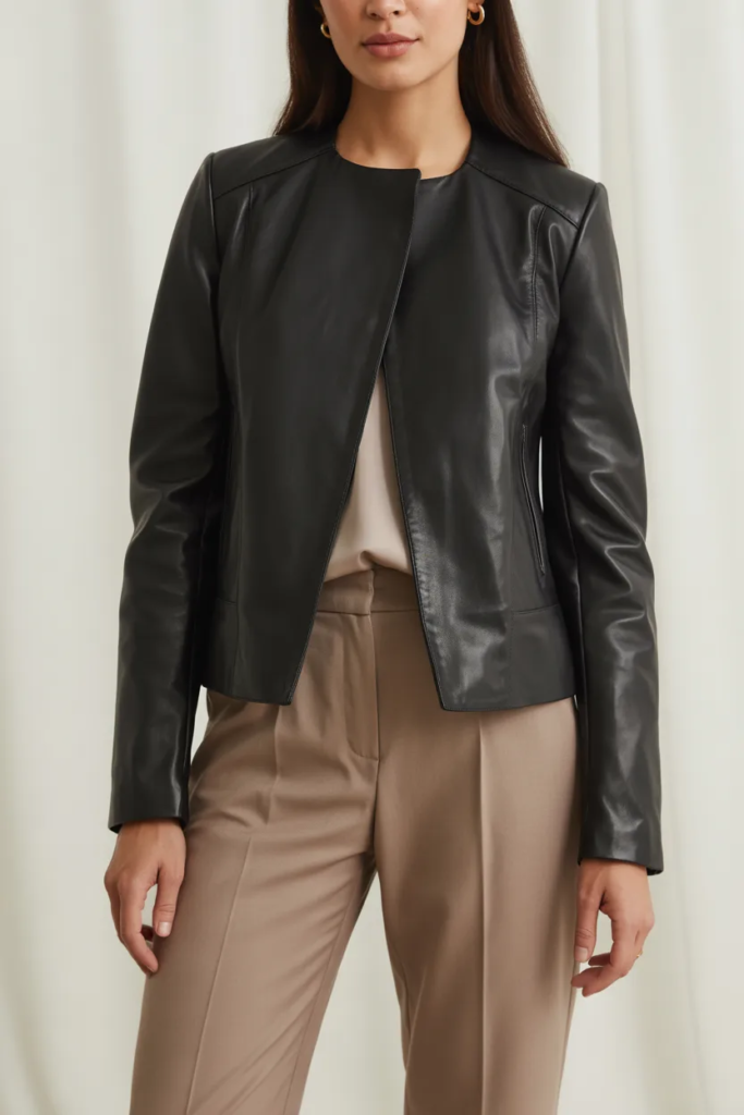Leather Jacket with Neutral Trousers