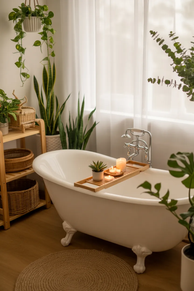 Freestanding Bathtub with Boho Decor