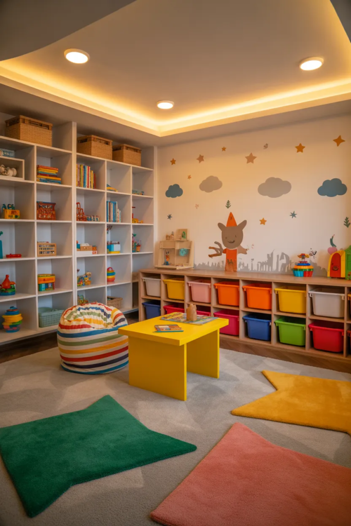 Colorful Activity Zones - Basement Playroom Ideas
