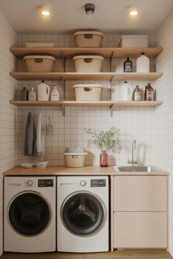Install Floating Shelves for Vertical Storage - Laundry Room Organization Hacks