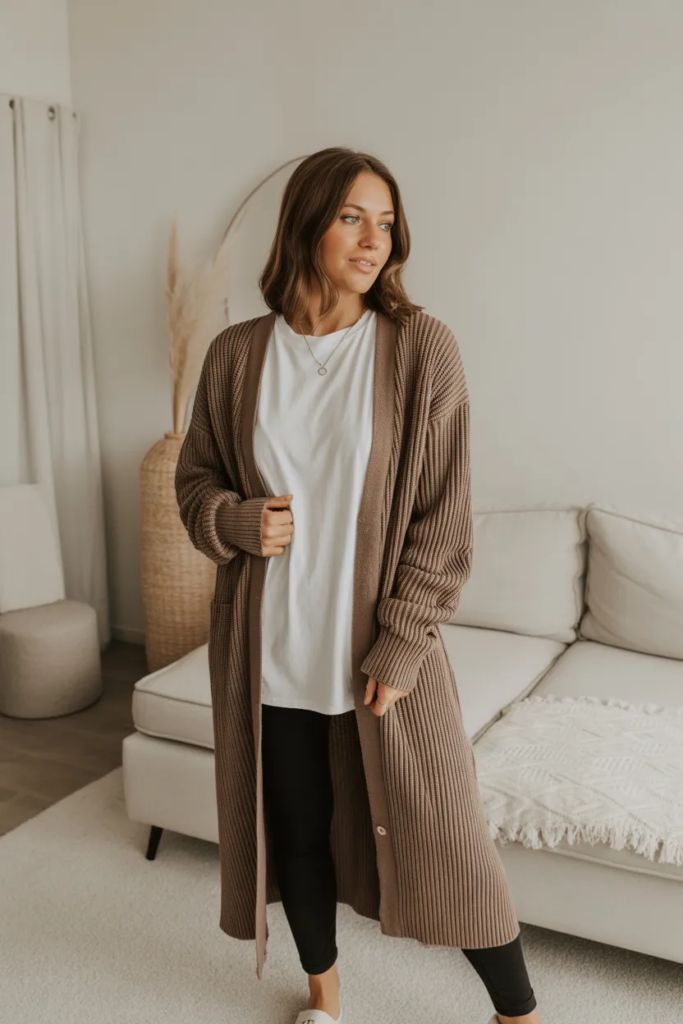 Knit Cardigan with Basic Tee and Leggings - 11 Cozy Chic Everyday Outfits