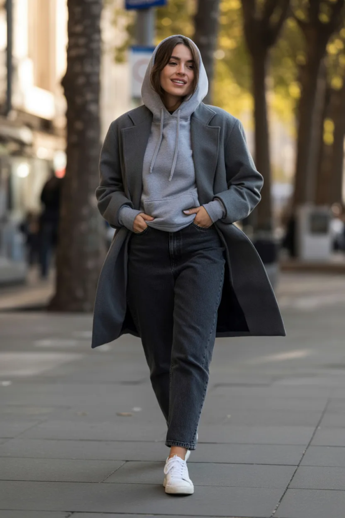 Hoodie with Tailored Coat and Jeans