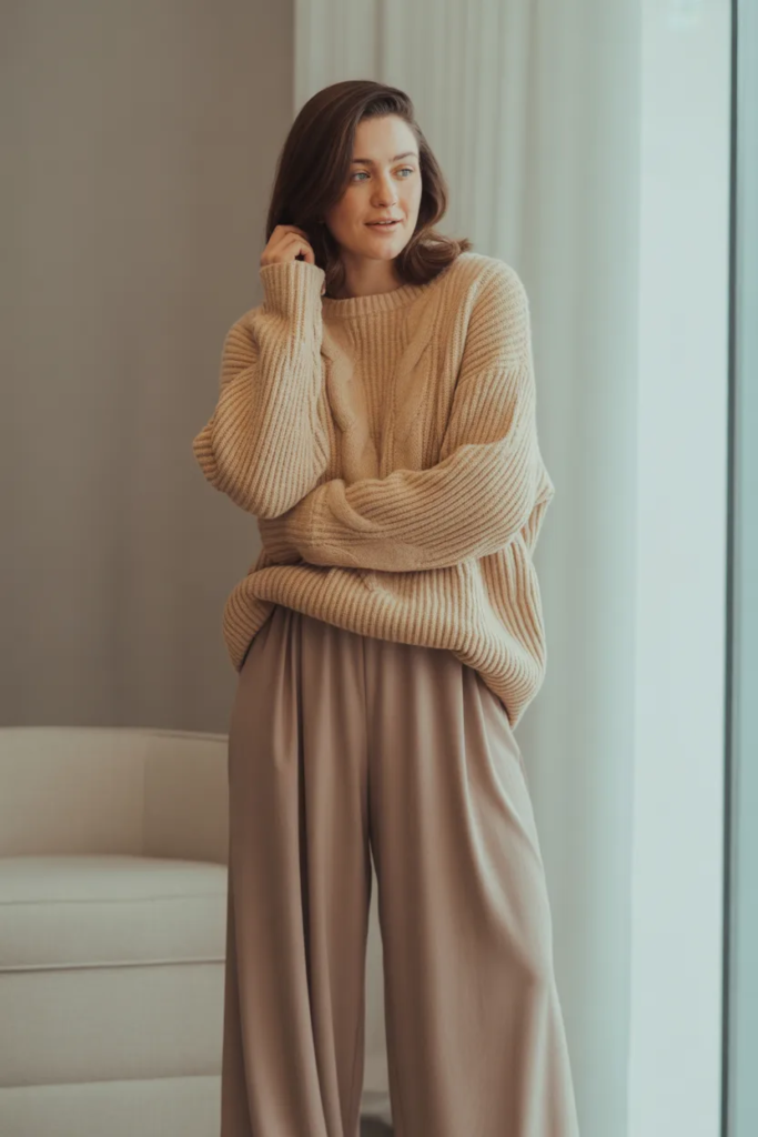 Chunky Sweater with Wide-Leg Pants