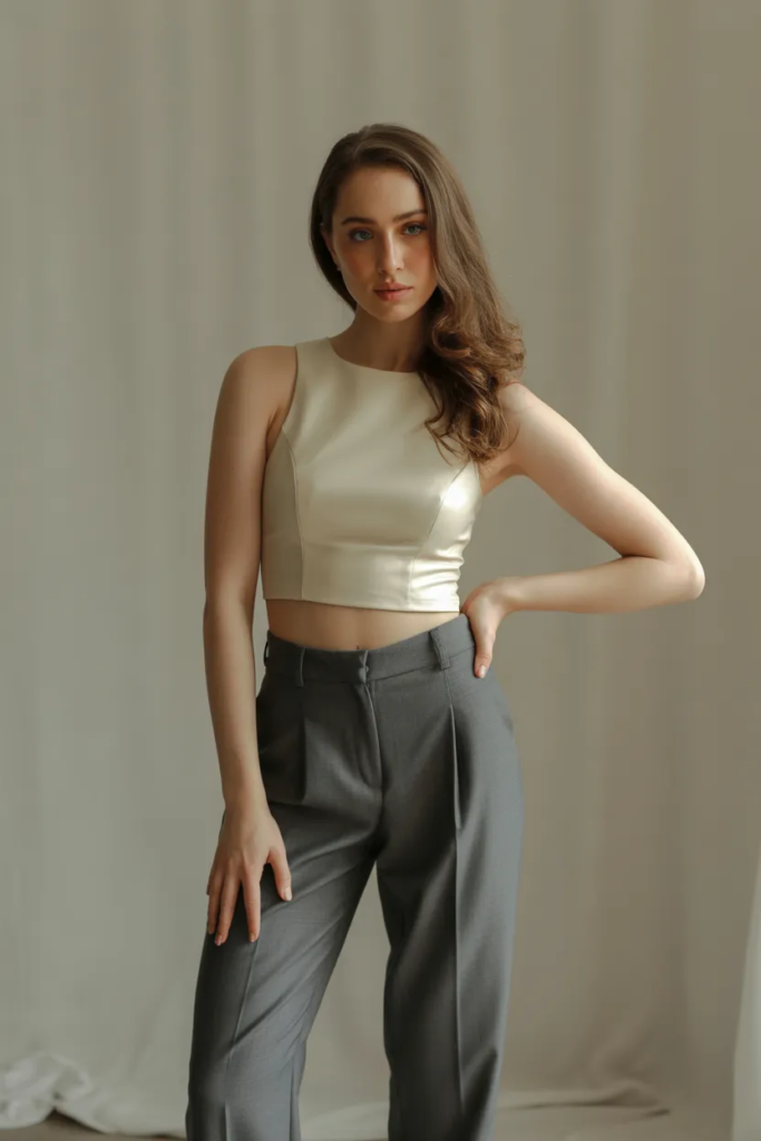 Crop Top with High-Waisted Trousers - Off-Duty Model Outfit Ideas
