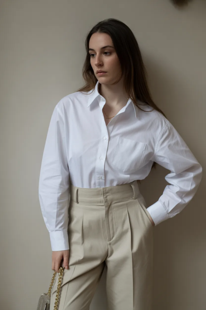 White Button-Down with High-Waisted Trousers