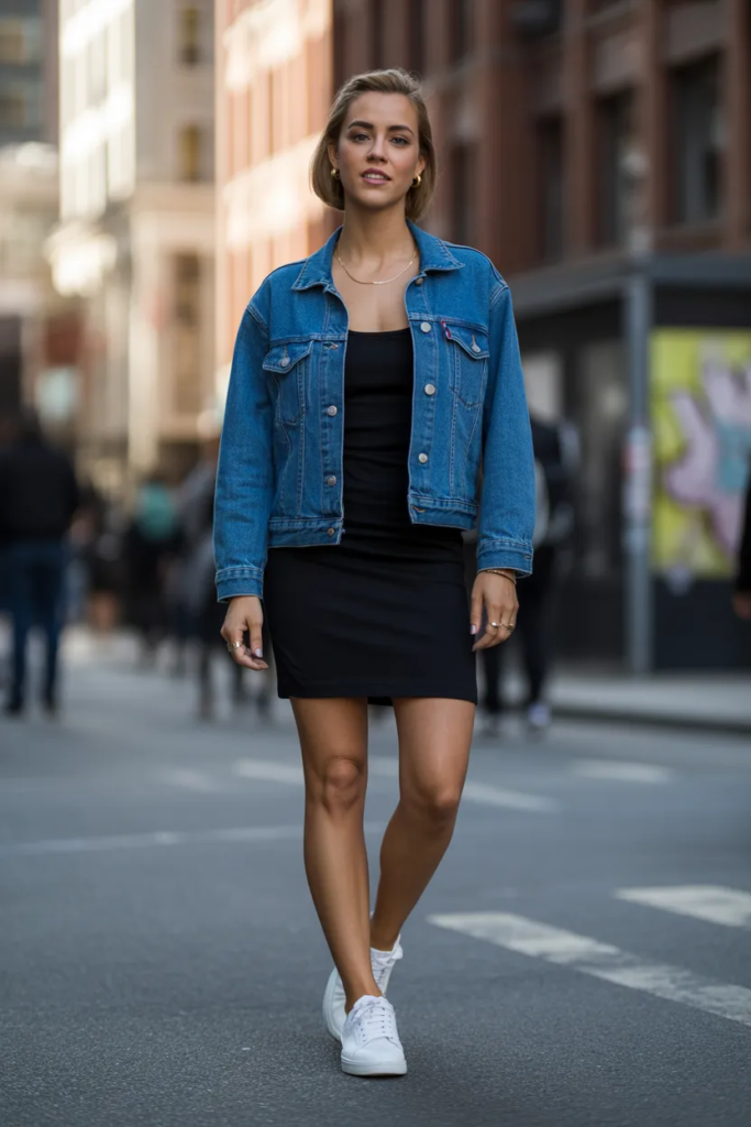 Denim Jacket + Basic Dress + Sneakers