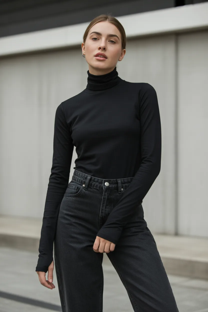 Black Turtleneck with High-Waisted Jeans