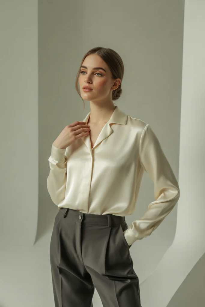 Silk Blouse with Tailored Trousers