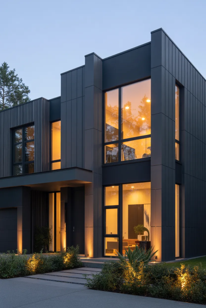 Dark Gray Exterior with Warm Lighting - Gray Exterior House Ideas