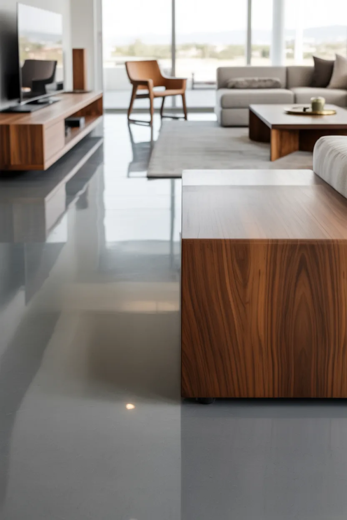 Gray Floors with Warm Wood Furniture