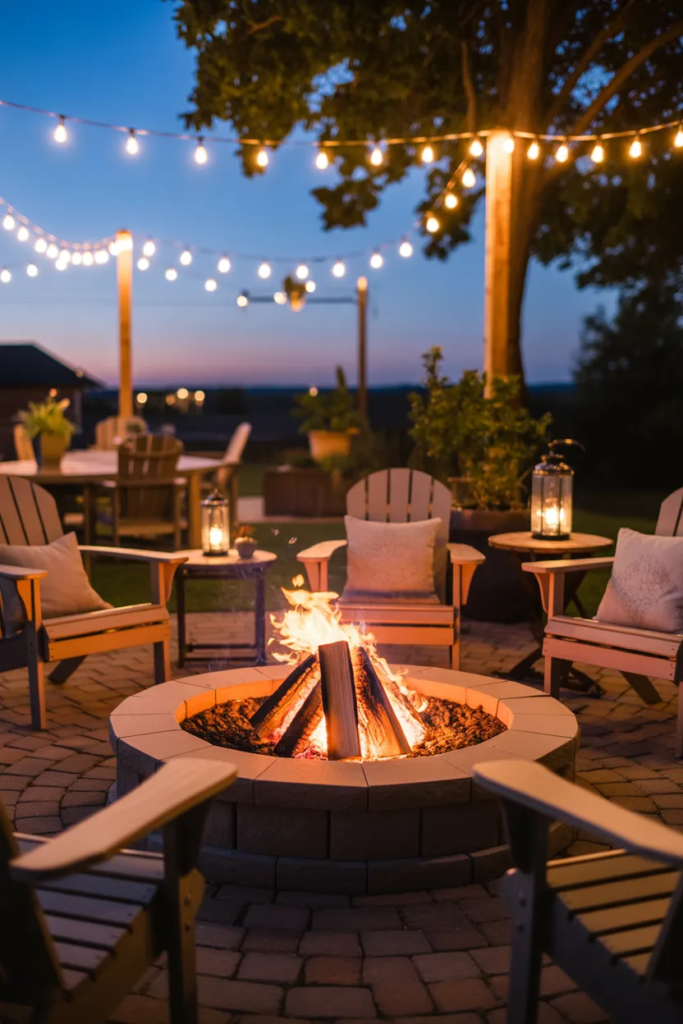 Fire Pit with String Lights Above
