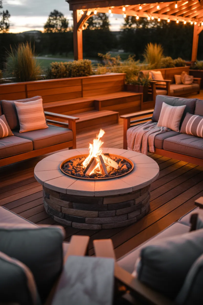 Fire Pit with Wooden Deck Seating - Yard Fire Pit Ideas