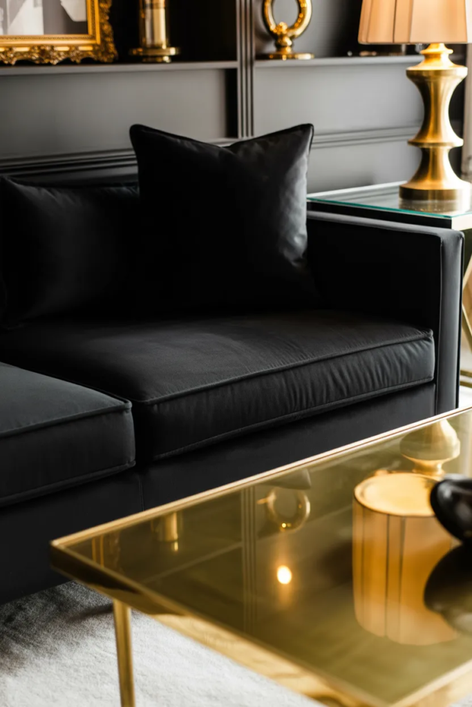 Black Sofa with Gold Accents - Black Sofa Living Room Ideas