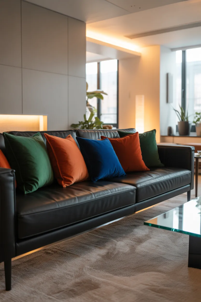Black Sofa with Colorful Accent Pillows