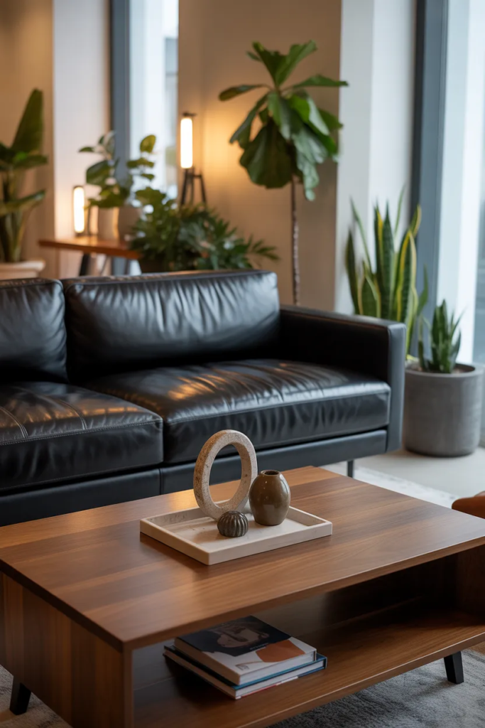 Black Sofa with Wooden Furniture