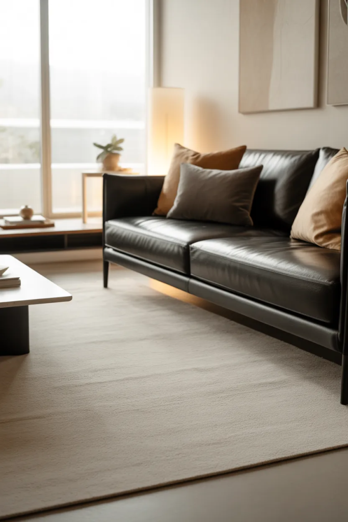 Black Sofa with Light Rugs