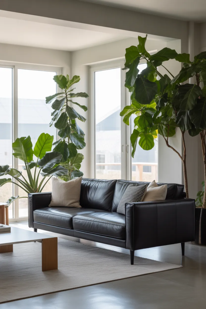 Black Sofa with Large Plants