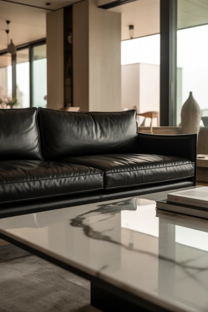 Black Sofa with Marble Coffee Table - Black Sofa Living Room Ideas