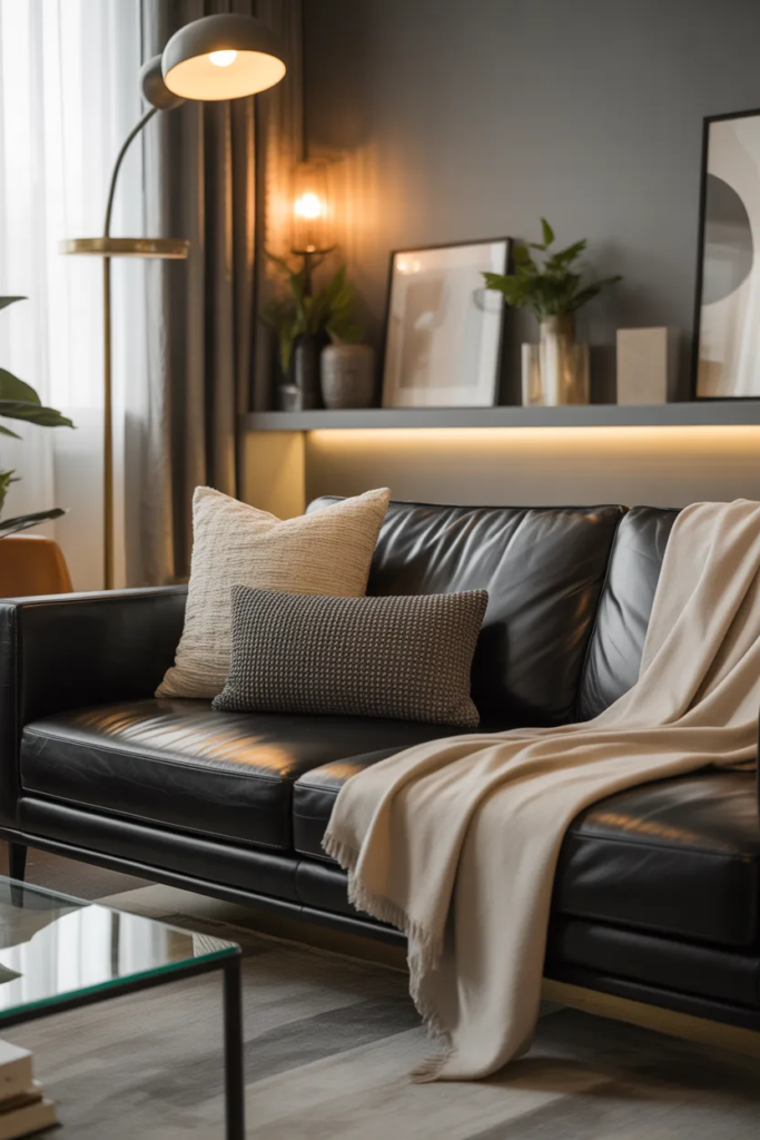 Black Sofa with Layered Lighting and Decor