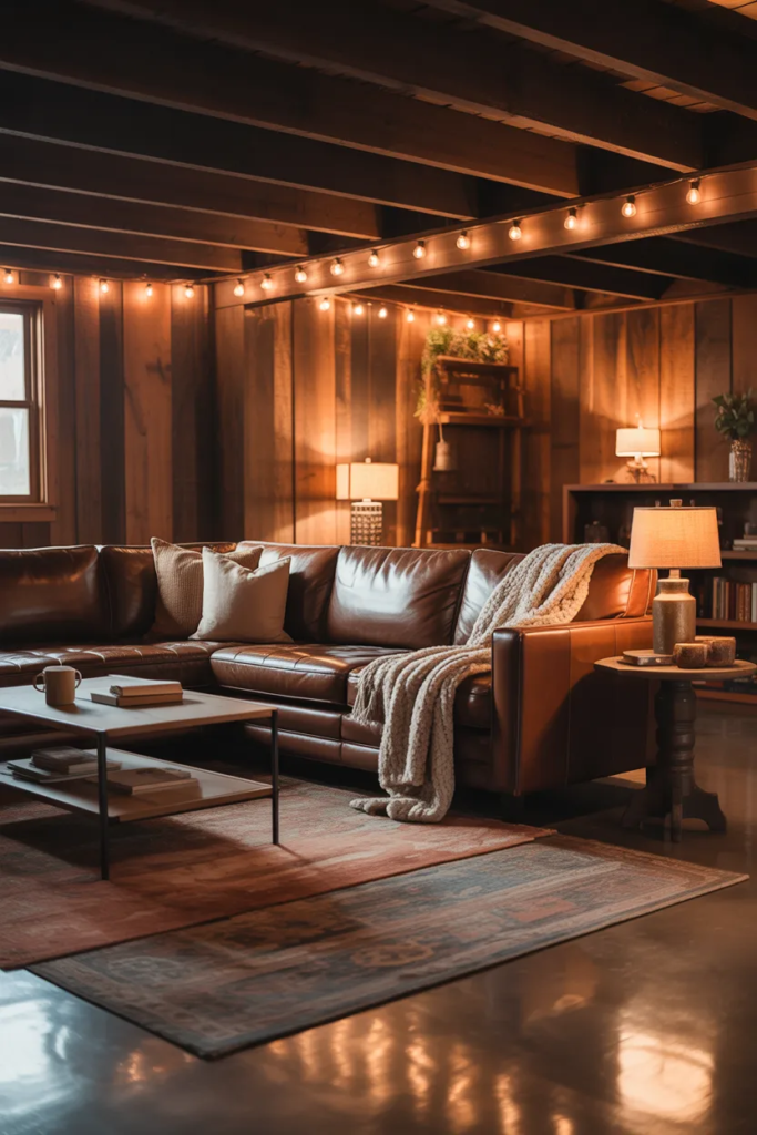 Cozy Basement with Warm Lighting and Rugs
