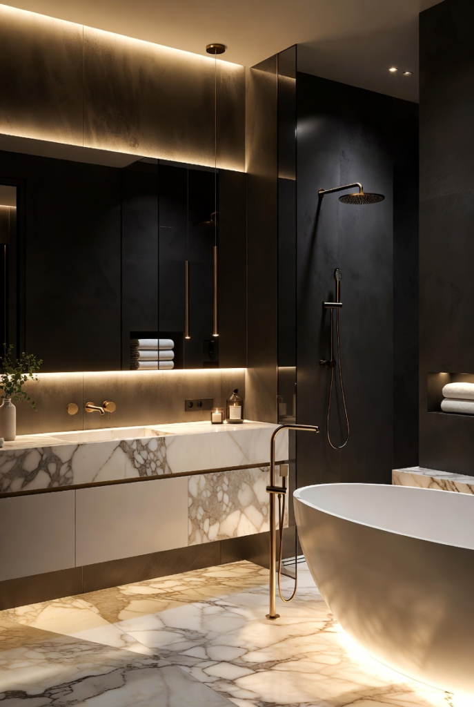 Matte Black Walls with Warm Lighting - Bold Dark Bathroom Ideas