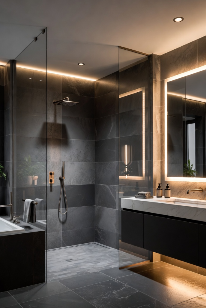 Charcoal Tile Shower with Glass Enclosure