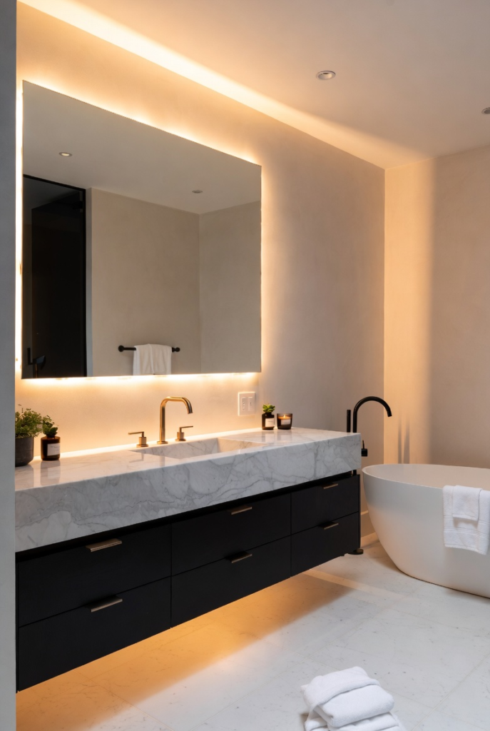 Black Vanity with Light Stone Countertop