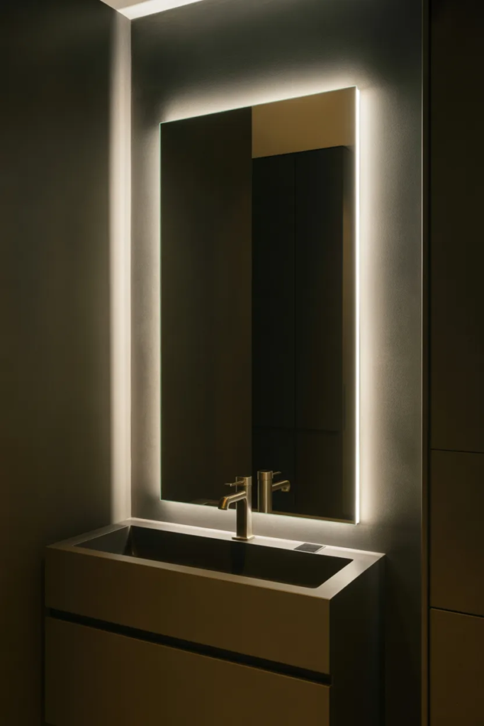 Backlit Mirror for Modern Elegance - Bold Dark Bathroom Ideas