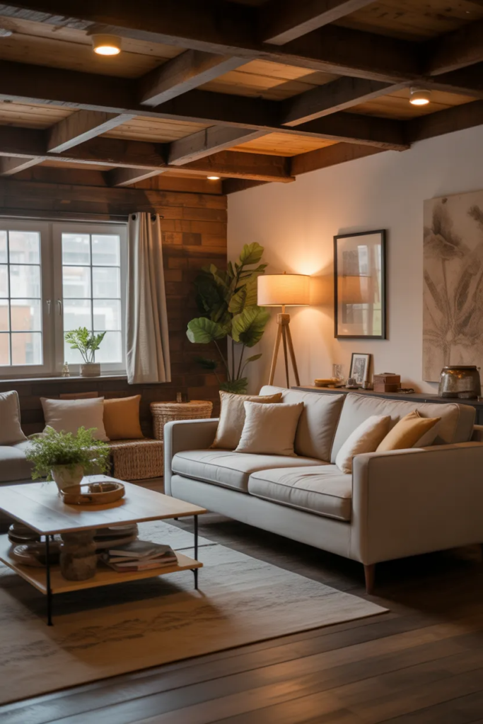 Rustic Basement Living Room with Wooden Beams - Warm Rustic Basement Ideas