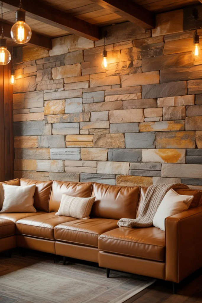 Stone Accent Wall for Natural Texture - Warm Rustic Basement Ideas