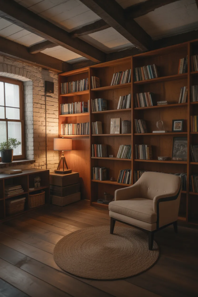 Basement Library with Rustic Shelving