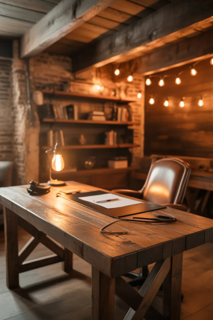 Rustic Home Office Corner - Warm Rustic Basement Ideas