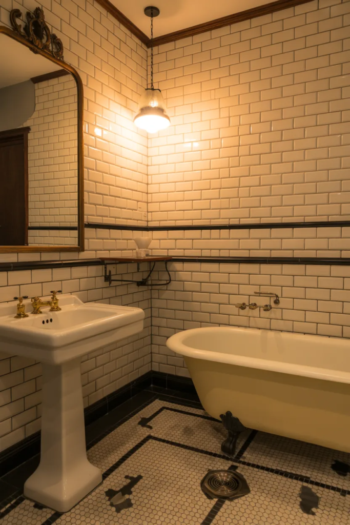 Subway Tile Walls with Dark Grout - Charming Vintage Bathroom Ideas